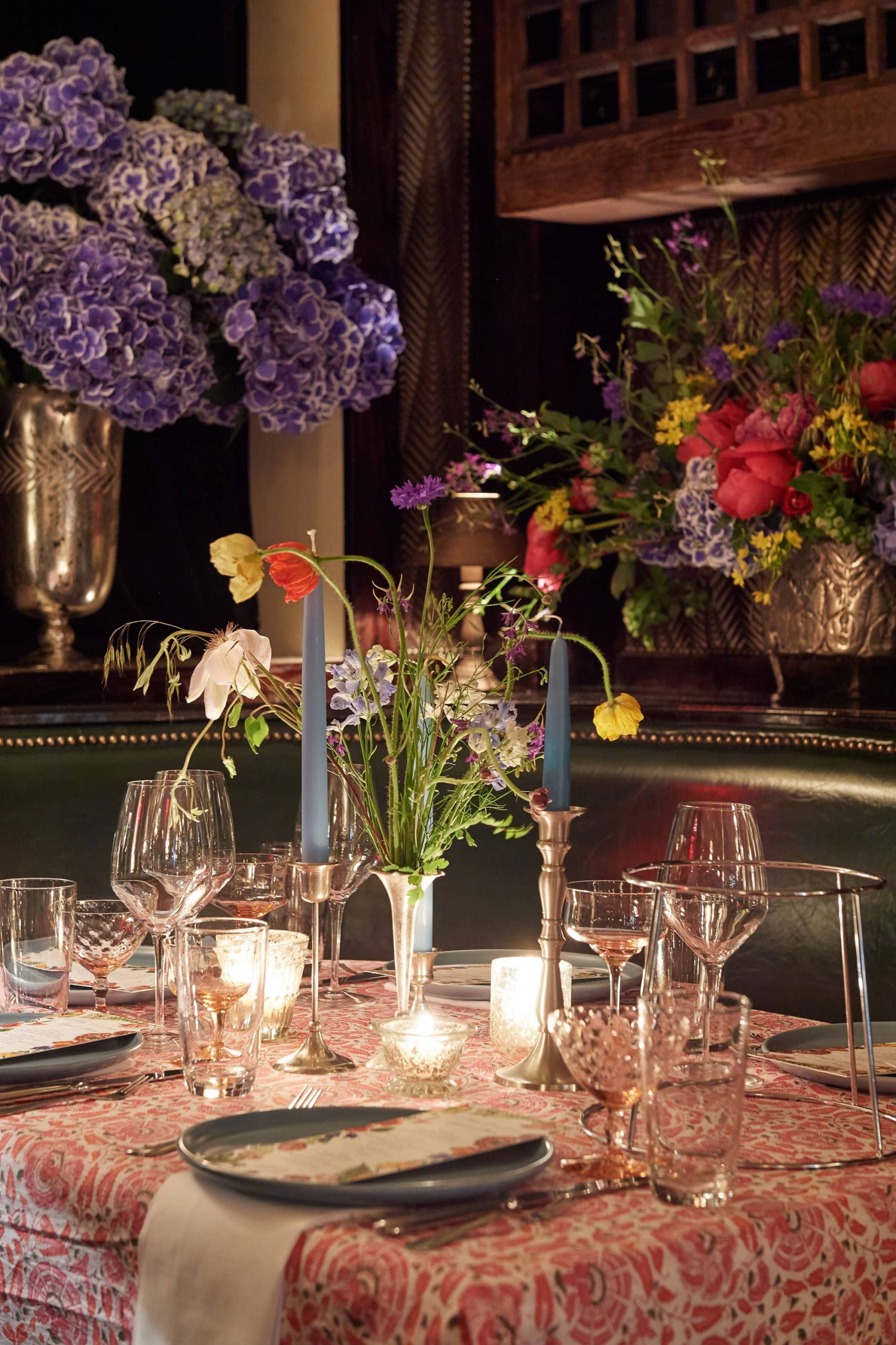 Floral and table decor at this 40th surprise birthday party at Beatrice Inn in West Village | Photo by Darren Ornitz