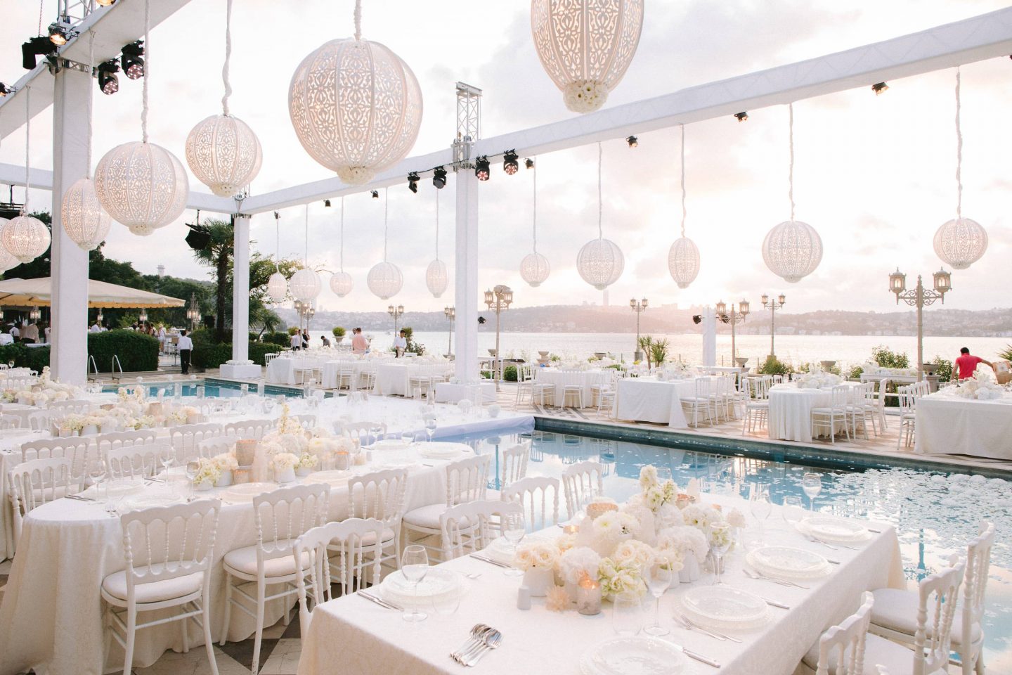 White party decor at this Istanbul wedding weekend at Four Seasons Bosphorus | Photo by Allan Zepeda