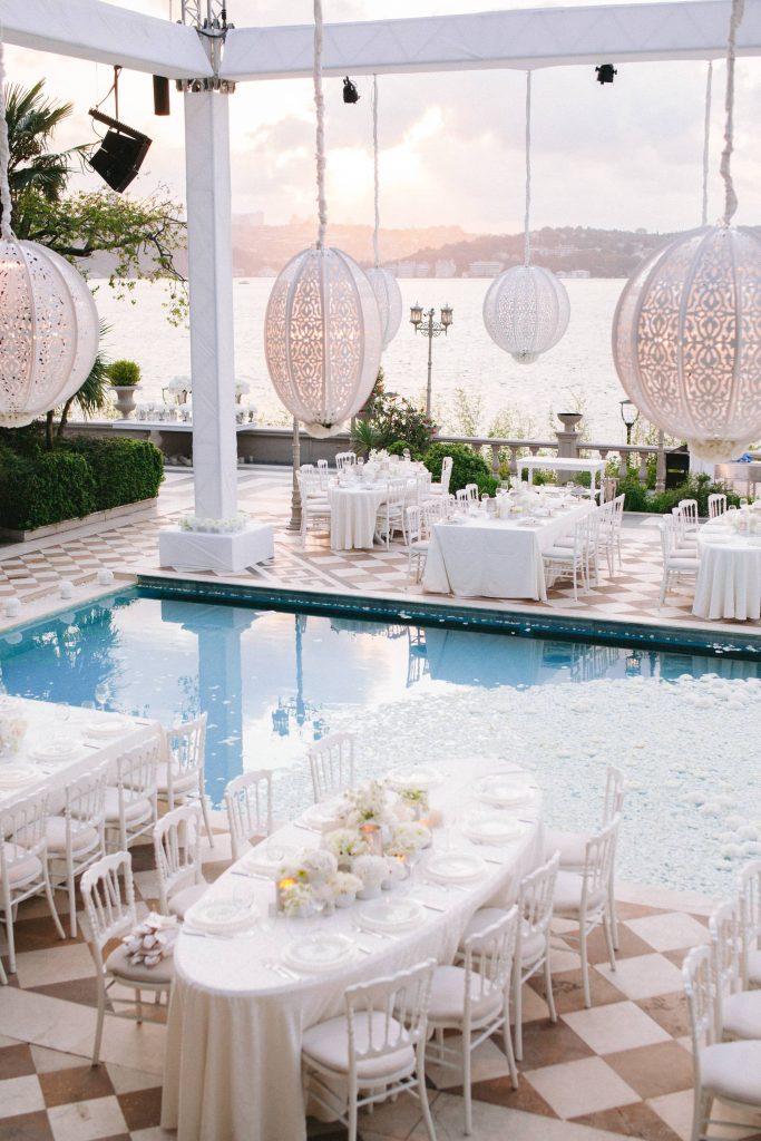 White party decor at this Istanbul wedding weekend at Four Seasons Bosphorus | Photo by Allan Zepeda