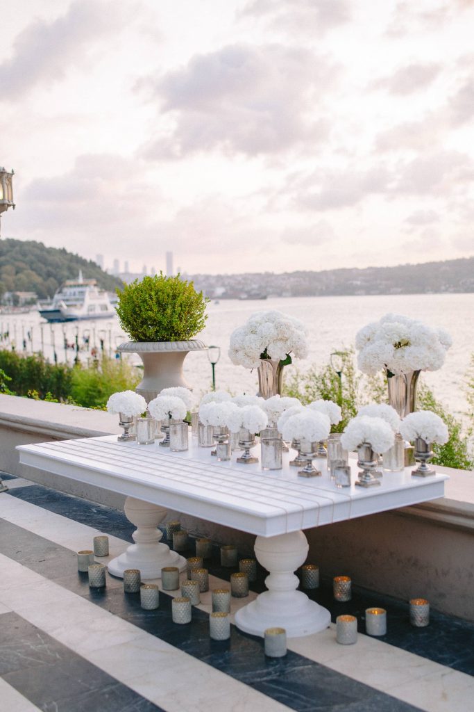 White party floral decor at this Istanbul wedding weekend at Four Seasons Bosphorus | Photo by Allan Zepeda