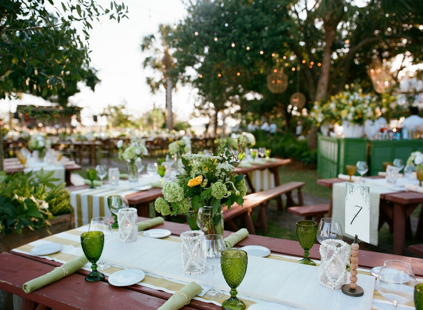 Welcome BBQ party under twinkle lights at Rainbow Island at this Sea Island wedding weekend in Georgia, USA | Photo by Liz Banfield